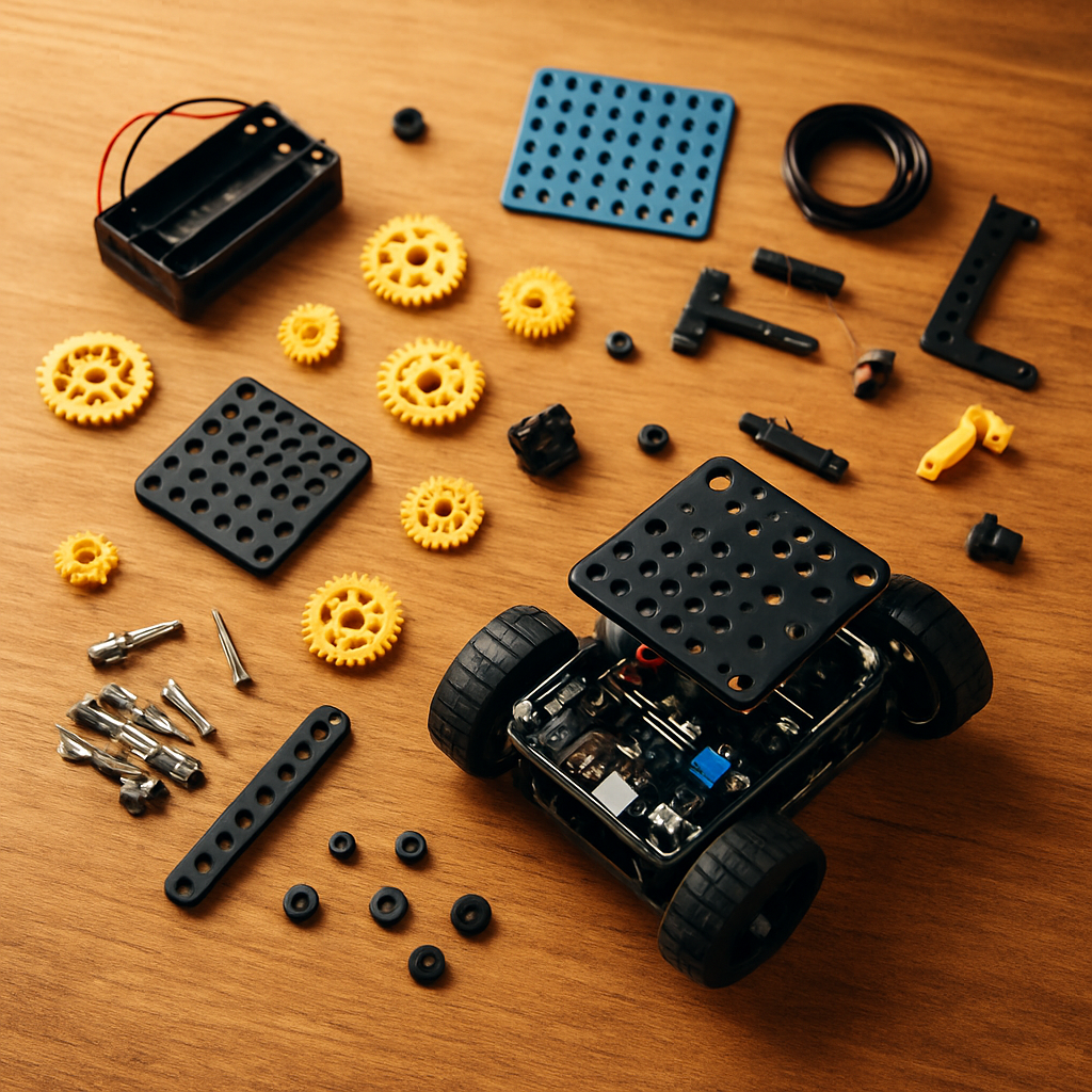 Robotics kit parts and a small robot on a table