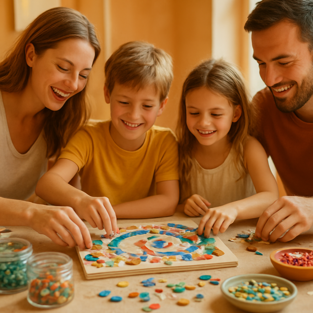 A family creating colorful mosaic art together