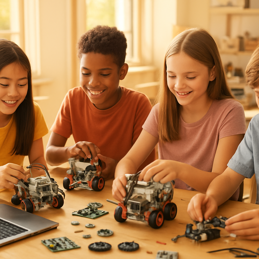 Kids building and programming robots at summer camp